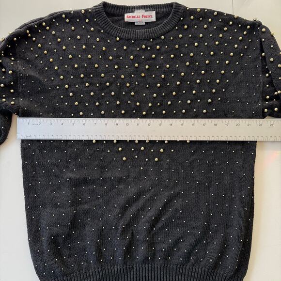 Vintage Rochelle-Forest Black Sweater Gold Stud Beads Ramie Cotton L - Picture 13 of 16